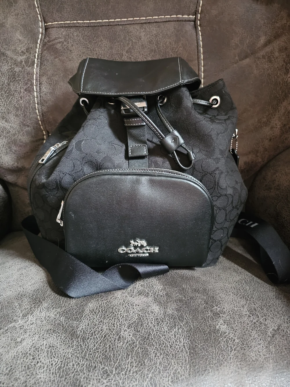 Coach Black Signature Canvas Drawstring Backpack